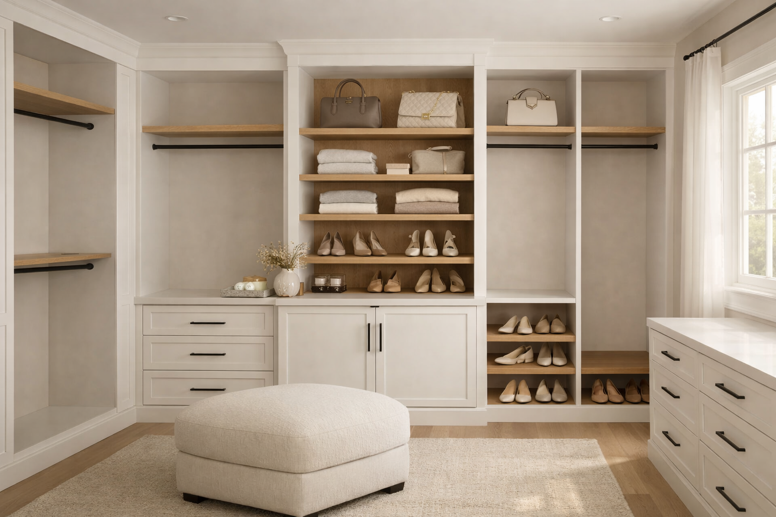 Boutique-style custom closet with white built-ins, warm wood shelves, and neatly organized shoes and accessories